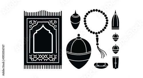 Islamic religious objects including a prayer rug and beads depicted in a stark silhouette high quality