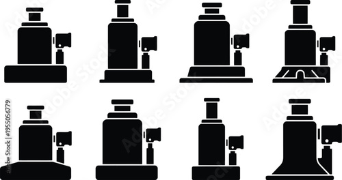 Set of eight black silhouette icons representing various types of hydraulic car jacks hydraulic jack