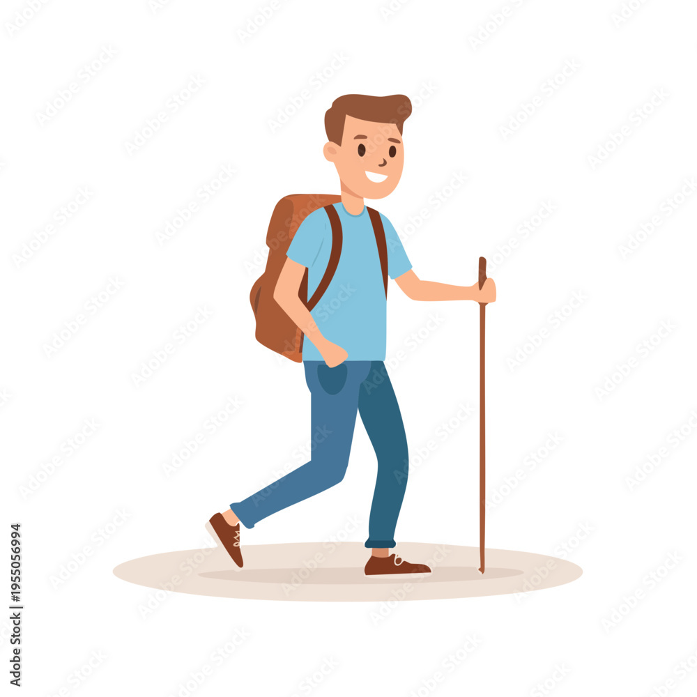 Fototapeta premium A man hiking with a backpack and a stick, traversing a trail