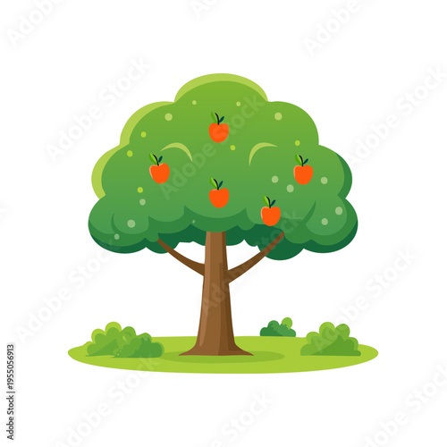 A vibrant cartoon of an apple tree with apples ready to be harvested, sitting in the meadow