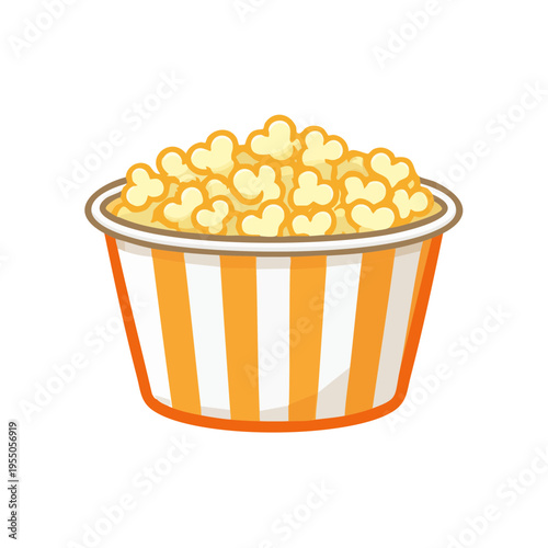 A bucket of fresh popcorn, ready for the movie night. The popcorn is inside a paper container with orange stripes