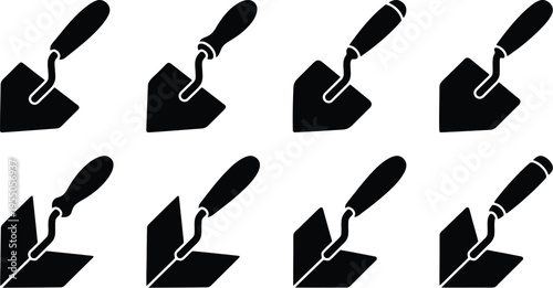 Set of Eight Trowel Icons in Black Silhouette on White Background tool construction