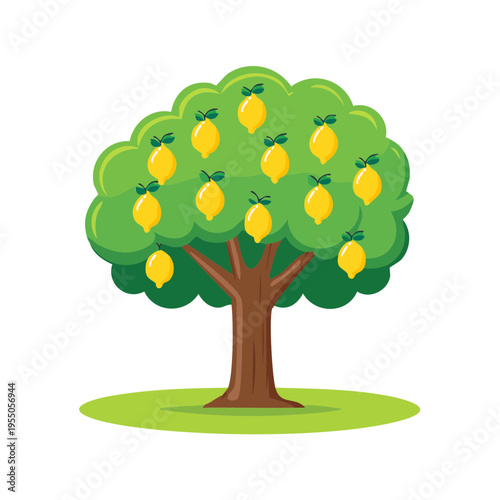 A cartoon tree abundant with ripe lemons, standing on green grass, representing nature's bounty and fresh produce
