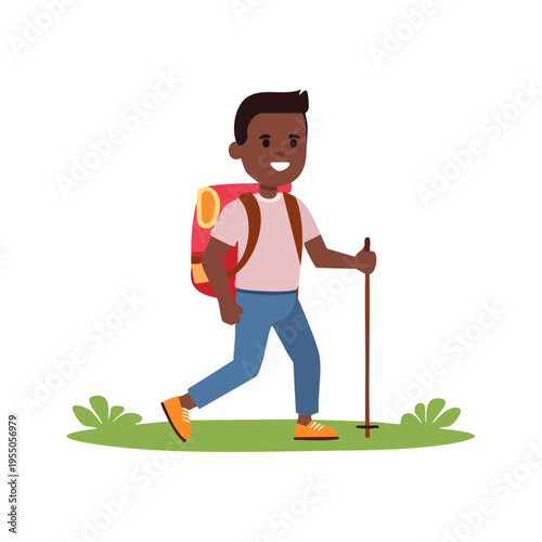 A cheerful hiker exploring the outdoors with a backpack and walking stick, showcasing a journey and adventure