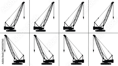 Silhouette Collection of Crawler Cranes with Different Boom Angles and Hook Positions construction equipment