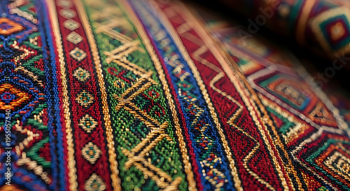 Close-up view of a vibrant, intricately woven textile with traditional geometric patterns and rich colors.