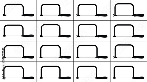Sixteen black silhouette icons of hacksaws with wooden handles arranged in a grid on a white background