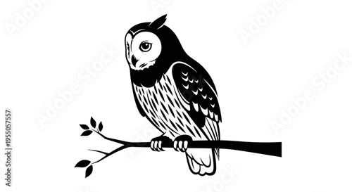 Minimalist Black and White Owl Illustration on Tree Branch
