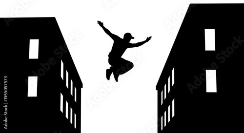 Silhouette of a Parkour Athlete Jumping Between Two Buildings