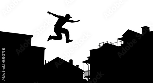 Silhouette of a Parkour Athlete Jumping Between Rooftops