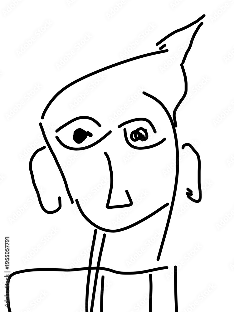 Obraz premium Hand Drawn Minimalist Black Ink Sketch Portrait of Person with Pointed Cap or Hair Representing Curiosity and Observation