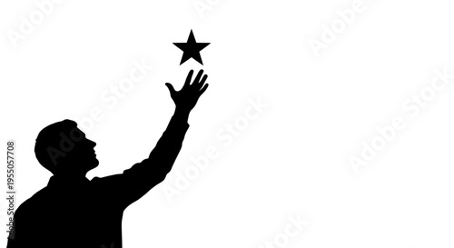 Silhouette of a man reaching for a star against white background