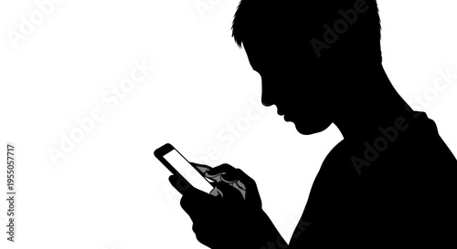 Silhouette of a person using a smartphone isolated on white background
