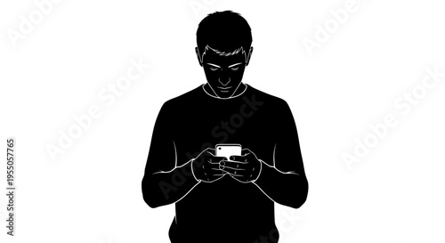Silhouette of a man using a smartphone against a white background