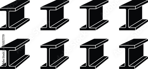 Black I- Beam Structural Steel Sections in Grid Formation Keywords: steel, iron, metal, I-beam, structural, beam, girder, construction, engineering, industrial, building, architecture, material