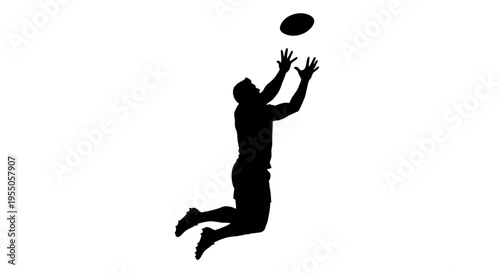 Silhouette of a Rugby Player Jumping to Catch a Ball