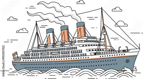 Vintage Ocean Liner Steamship Vector Illustration with Classic Smoke Stacks Navigating Through Ocean Waves for Travel History, Maritime Heritage, and Cruise Vacation Designs
