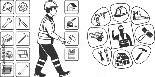 Walking worker with construction icon collections
