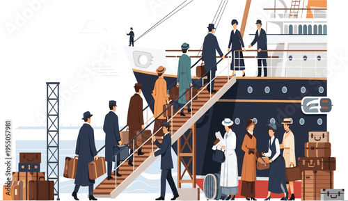 Historical Illustration of Passengers Boarding a Classic Ocean Liner with Luggage and Steamer Trunks for Vintage Travel and Maritime History Theme Designs
