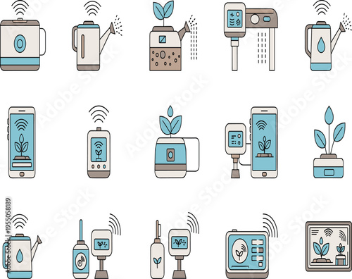 Smart Farming and Automated Gardening Icon Set Featuring Wireless Watering Systems, Digital Plant Monitoring Sensors, and IoT Agriculture Technology for Modern Greenhouse Management