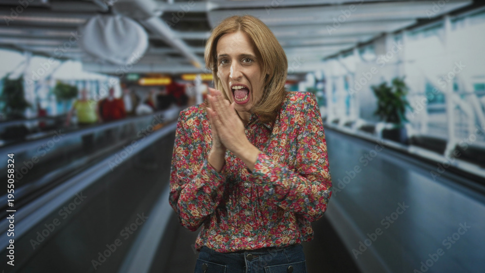 Fototapeta premium Woman rubbing hands together and smiling on an airport moving walkway wearing floral shirt, visible palms and clasping gesture; cheerful anticipation.