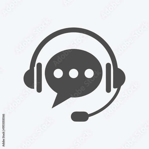 Minimalist headset icon encloses a speech bubble featuring ellipses on a clean light background