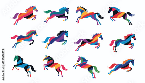 Vector illustration of a colorful set of people silhouettes showing sports, dance and active human figures