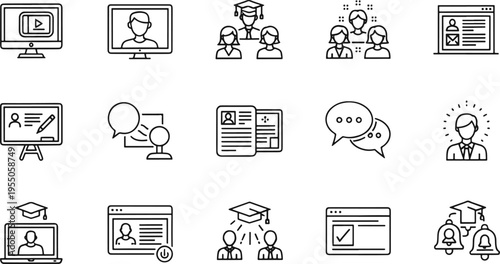 Online Education and Professional E-learning Line Icons Set
