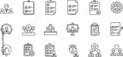 HR Performance Review and Recruitment Checklist Line Icons Set