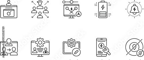 Battery Energy, Power Charging and System Warning Line Icons Set