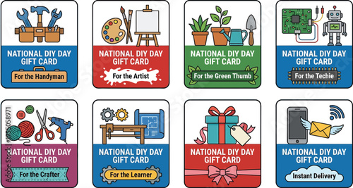 A set of eight National DIY Day gift card designs illustrates various hobby categories for specialized recipients.