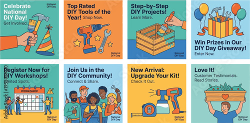 A grid of eight colorful social media square templates promotes various DIY activities, workshops, and product upgrades.