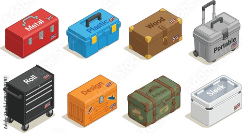 A variety of toolbox designs, including metal, plastic, wood, rolling, and portable styles, are presented in an isometric grid layout.