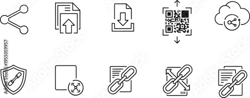 Data Sharing Network and Secure File Management Line Icons Set