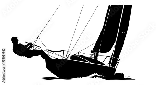 Silhouette of a Sailor Hiking Out on a Racing Sailboat