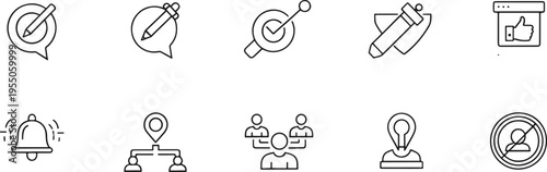 Digital Marketing Target and User Feedback Line Icons Set