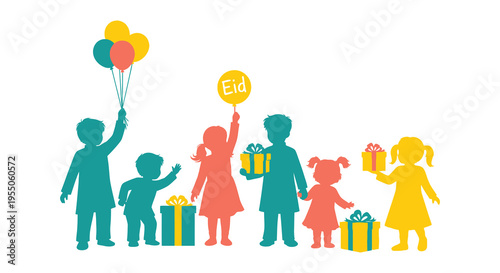 Colorful eid celebration with children balloons and presents in a flat style silhouette high quality professional