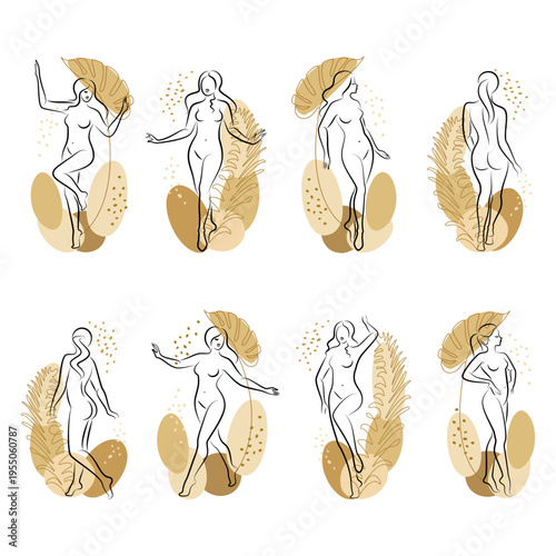 Collection. Silhouette of a cute lady and plant leaves. The girl is standing. The woman has a beautiful naked figure. She is young and slim. Vector illustration set