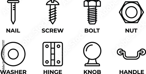 Simple line art icons display essential hardware components such as a nail, screw, bolt, nut, washer, hinge, knob, and handle.