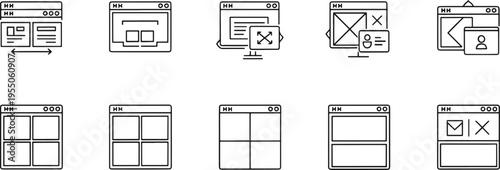 Web Browser UI Layout and Website Interface Line Icons Set