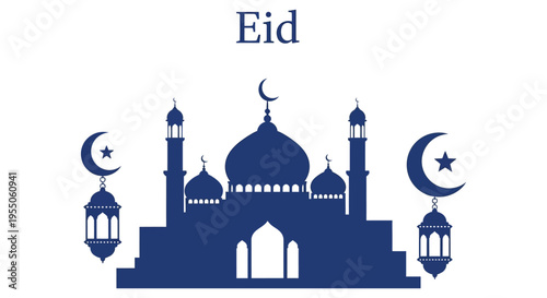 A stunning eid al fitr graphic featuring a dark blue mosque and crescent moons silhouette high quality