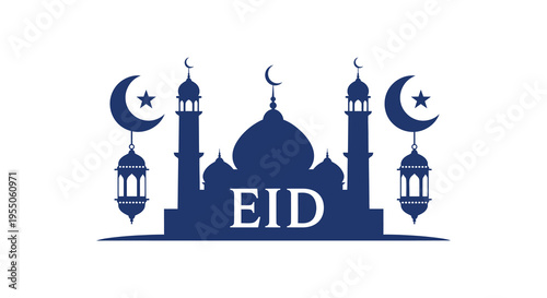 A dark blue eid mosque design with crescent moons stars and lanterns a striking silhouette