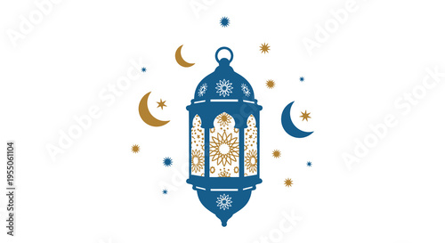 An ornate blue lantern with golden details is depicted against a starry night silhouette high quality