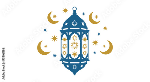 An ornate blue lantern is surrounded by celestial bodies featuring a striking silhouette high quality professional
