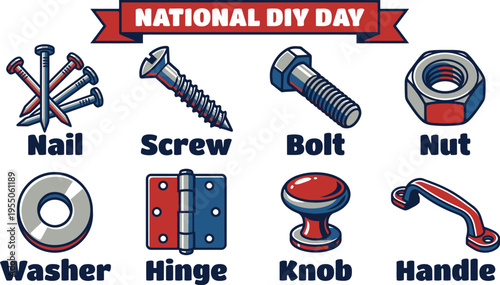 Hardware fasteners and fittings for National DIY Day are illustrated with colorful icons against a white background.