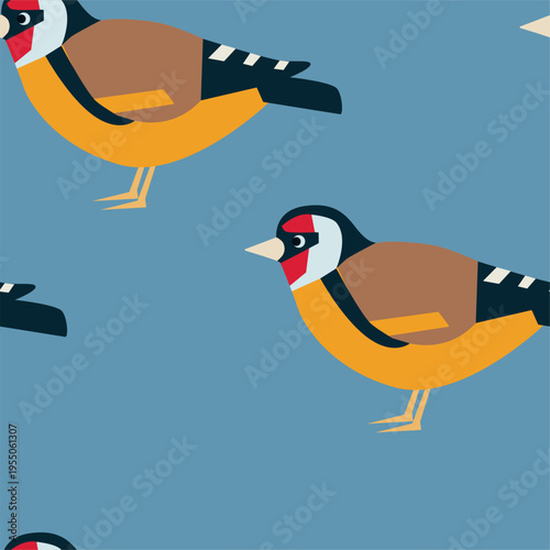 Seamless pattern with goldfinches on blue background.