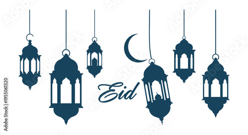 Decorative eid lanterns and a crescent moon form a festive arrangement presented as a silhouette