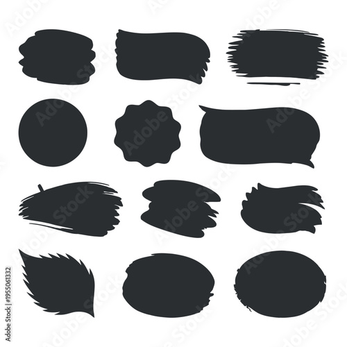 Collection of Black Brush Stroke Shapes and Speech Bubbles on White Background