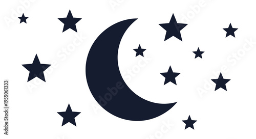 A dark navy crescent moon and scattered stars create a peaceful night scene silhouette high quality