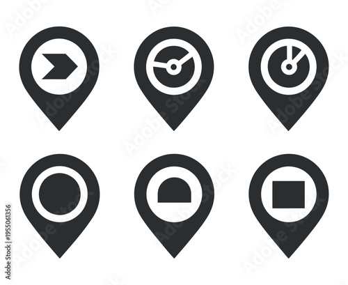 Location Pin Icons Set: Navigation Speedometer Pie Chart Target Tunnel SquareStock Graphics